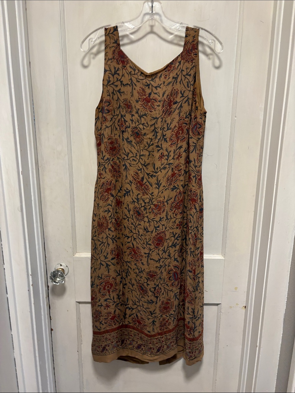 Lauren Ralph Lauren Silk Sleeveless Floral Midi Dress in Tan with Red Accents 14